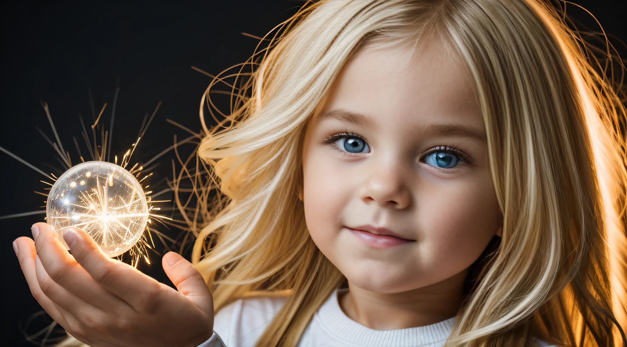 a close-up of a blonde child with long hair, BIG BALL OF electrified ICE IN HANDS.