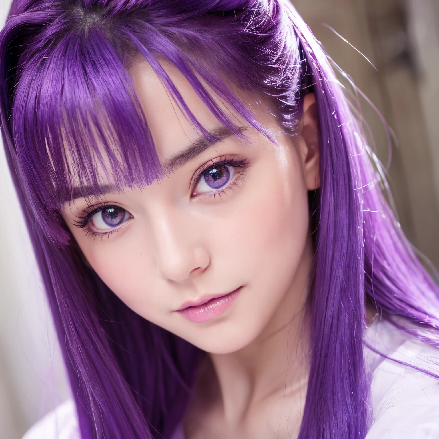 Beautiful purple hair Her eyes are clear white on the left, and her right eye is a deep purple.She has a very beautiful face.Her breasts are about H cup size.