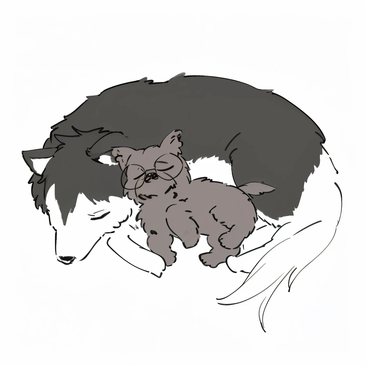 There is a picture of a large dog and a small dog lying together., dogy, Two Dogs, Dog sleep, Resting