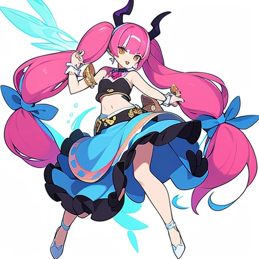 masterpiece, best quality,1girl, blue hair, long hair, open mouth, smile, multicolored hair, midriff, solo, skirt, navel, high heels, looking at viewer, white background, hair ornament, twintails, horns, tail, bangs, full body, :d, armlet, wrist cuffs, yellow eyes, sparkle, frills, v, very long hair, bow, sidelocks, blue skirt, crop top, eyebrows visible through hair, fish, arm up, jewelry, pink hair, white footwear, blunt bangs, breasts, earrings, white legwear, armpits, simple background, gradient hair, shoes, two-tone hair, multicolored eyes, purple hair, sleeveless, frilled skirt, reference sheets,