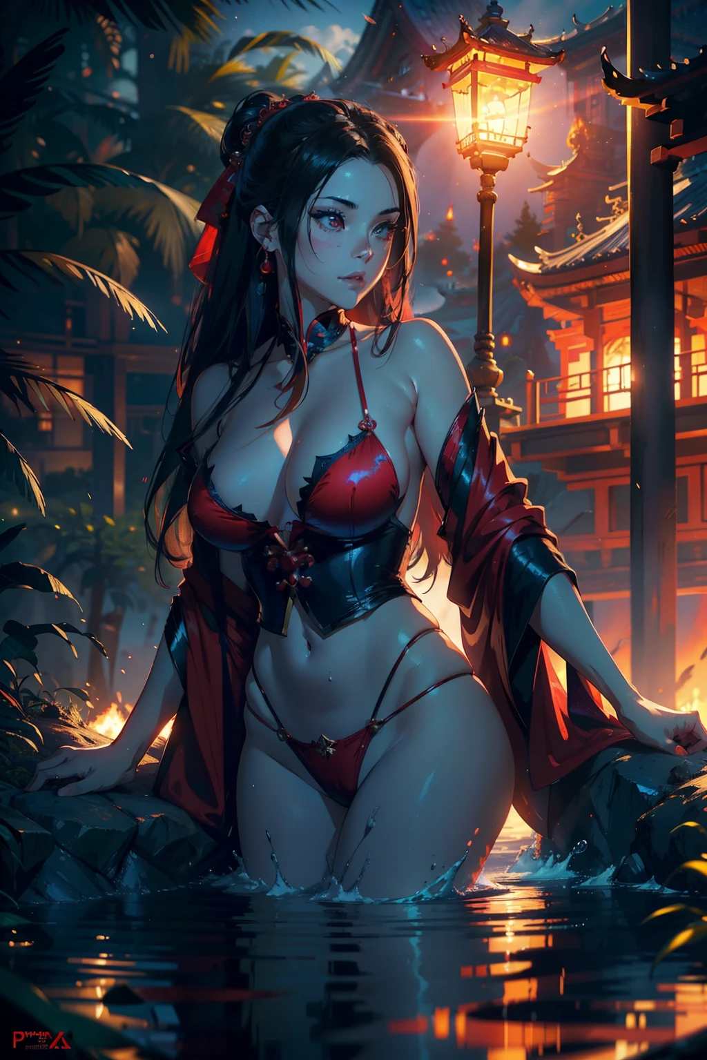 princess azula, evening, sunset, looking at viewer, cleavage, red satin robes, clothed bathing, girl floating above the water, palace, temple, fire, lava, red glowing, smug face (best quality,4k,8k,highres,masterpiece:1.2),ultra-detailed,(realistic,photorealistic,photo-realistic:1.37),HDR,UHD,studio lighting,ultra-fine painting,sharp focus,physically-based rendering,extreme detail description,professional,vivid colors,bokeh,portraits,landscape,horror,anime,sci-fi,photography,concept artists,colorful, warm tones, dramatic lighting