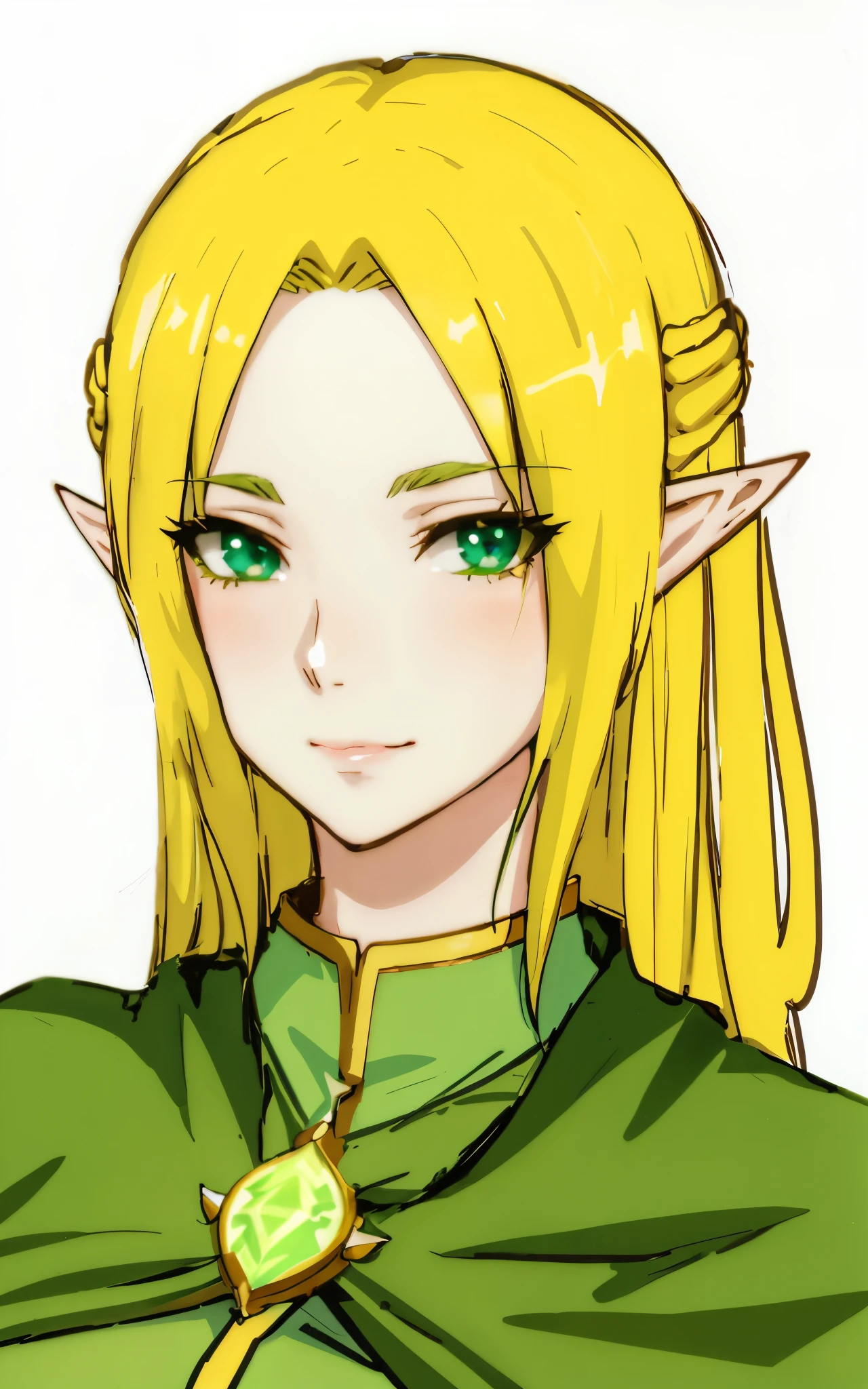 anime girl with a green cape on, elven character with smirk, elf girl, elven, a portrait of an elf, portrait of zelda, elf princess, portrait of princess zelda, portrait of an elf, elven princess, female elf, an elf queen, elf princess knight, centered elven, alluring elf princess knight