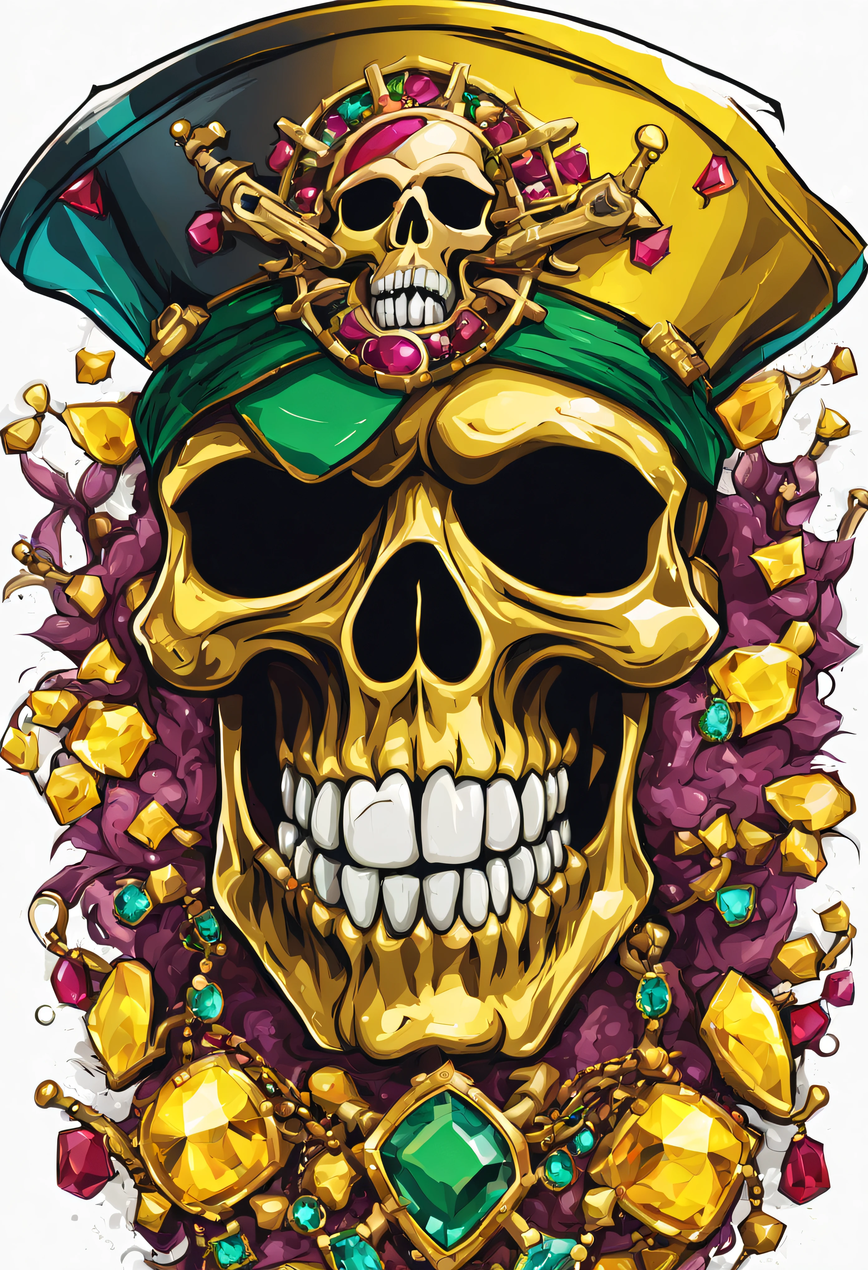 T-shirt art vector ready to print colorful graffiti illustration of yellow pirate skull and hat decorated with jewels of precious rubies and emeralds and skeleton beard decorated with yellow diamonds, teeth of beautiful stone jewelry, front perspective, action shot, vibrant color And welding, high detail, white background