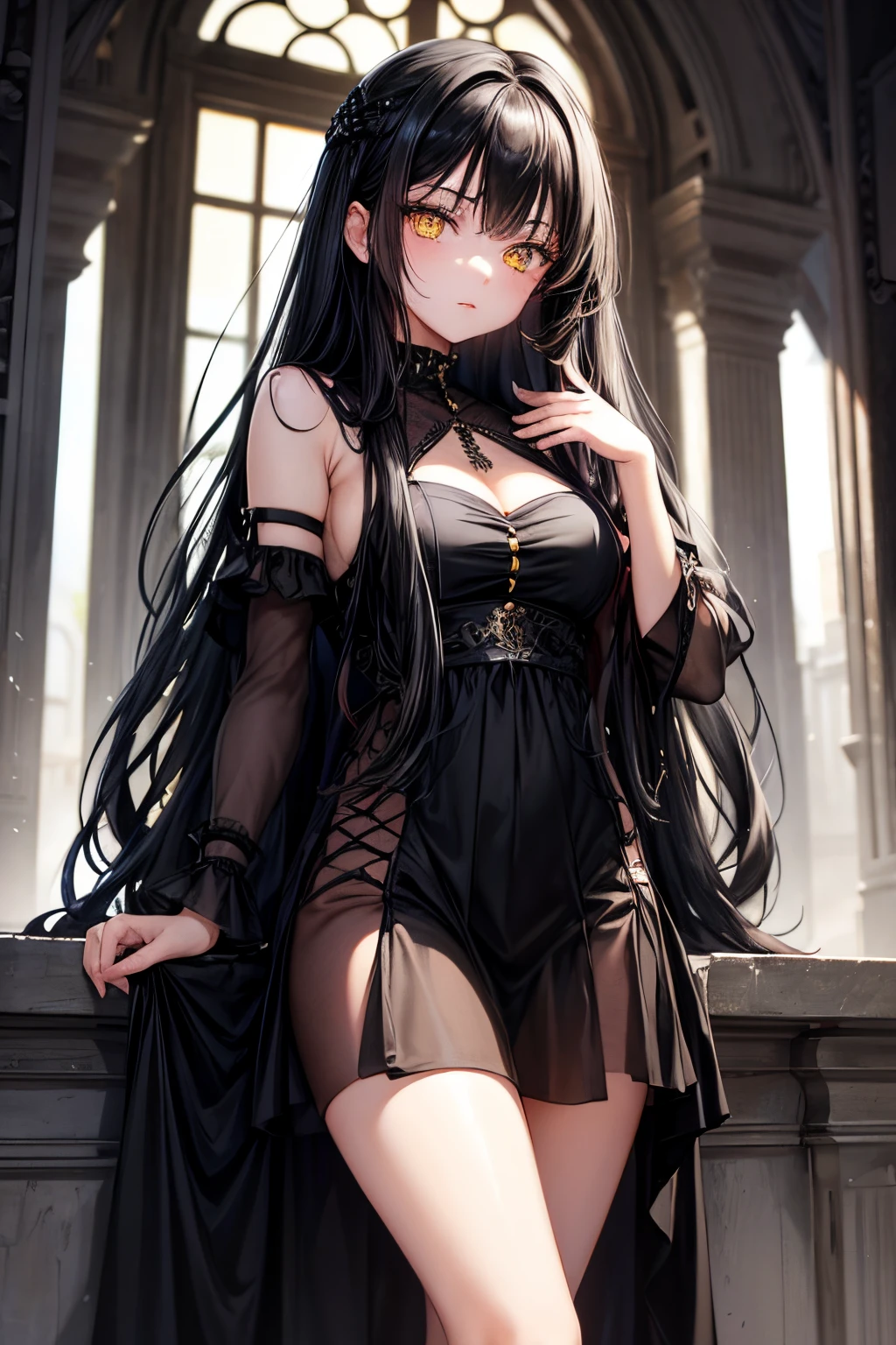 A beautiful.girl , age 18+ , black long hair , yellow eyes , wearing black dress