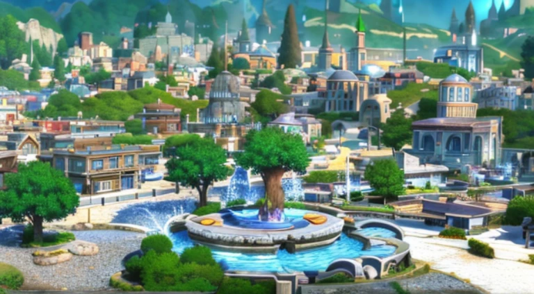 A close-up of a small town，There is a fountain in the middle, Downtown background, town in background, Small town background, Anime landscape concept art, Bustling magic town, medeival fantasy town, Fantasy town setting, beautiful anime scenery, Screenshot of black clover, Anime landscapes, ancient city of white stone, Renaissance port city background, anime scene