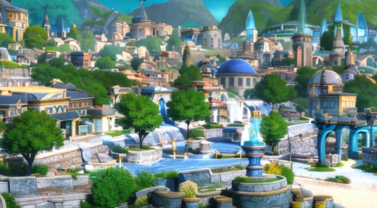 A close-up of a small town，There is a fountain in the middle, Downtown background, town in background, Small town background, Anime landscape concept art, Bustling magic town, medeival fantasy town, Fantasy town setting, beautiful anime scenery, Screenshot of black clover, Anime landscapes, ancient city of white stone, Renaissance port city background, anime scene