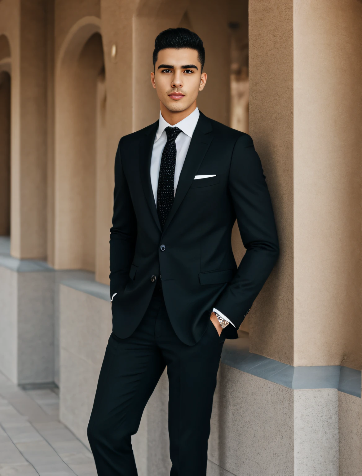 man black suit, short hair, business man, 23 years old, dubai, mafia