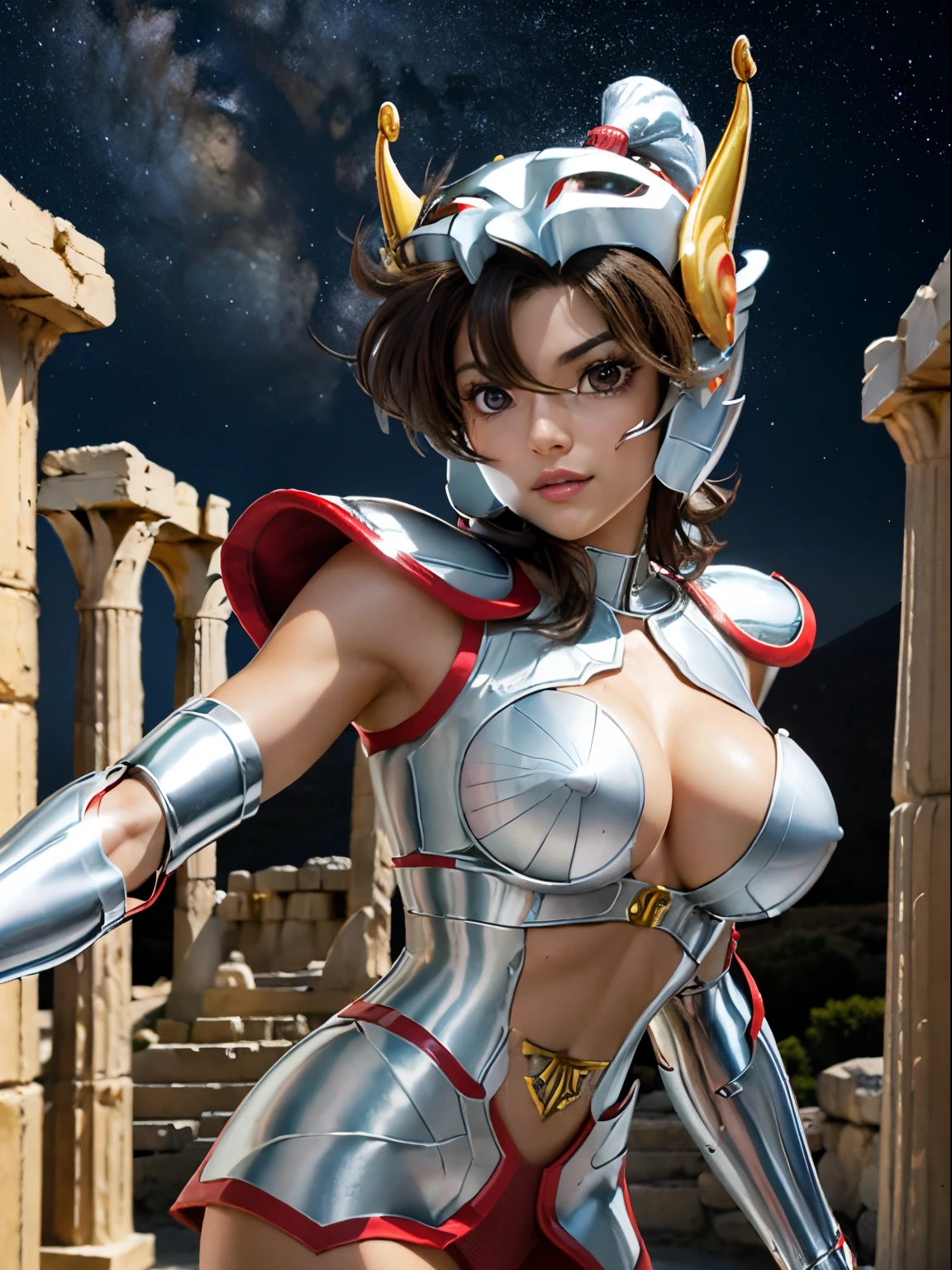 masterpiece, best quality, ultra high res, realistic skin texture,silver armor, armature, (photorealistic:1.4), high resolution, raw photo, 1 girl, shiny skin, (detail skin:1.2), realistic skin texture, best lighting, wearing red panty, (perfect breast:1.3), sparkle, mecha armor, (short hair:1.2), (Pegasus Seiya:1.2), wearing a winged helmet, dramatic lighting, dynamic pose, (greek temple background:1.3), night sky, cosmos, milky way,