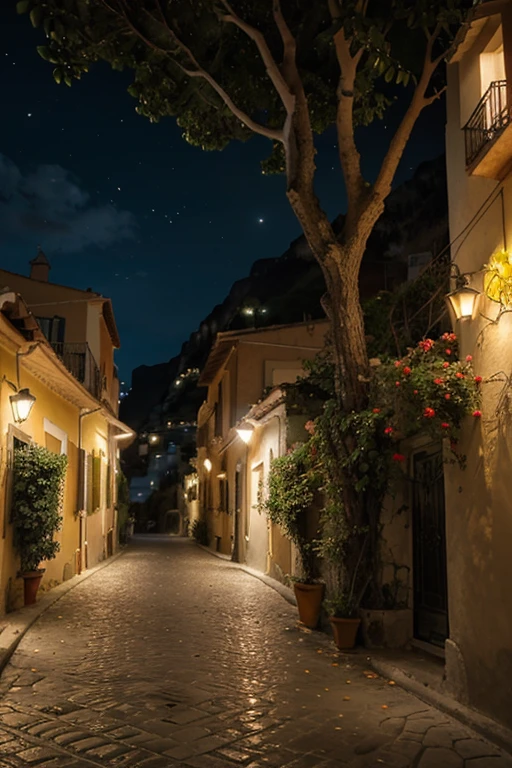 italy , Positano  , beautiful color blended  evening sky , tree full of tiny incandescent light bulbs,