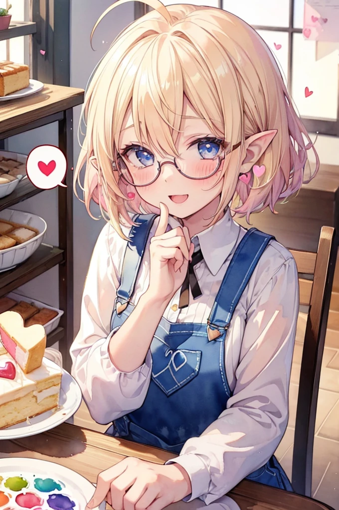 ultra detailed, best quality, high resolution, ((1girl)), 8k, from above, pale skin, petite, (blonde hair), (very short hair), (ahoge:1.3), (glasses), pointy ears, (blush:1.3), blue eyes, medium breasts, cake shop, (upper body),  (aroused:1.2), sit on a chair, light leakage, (happy smile:1.3), ((spoken heart:1.3)), overalls, ((watercolor:1.3)), open mouth, cake buffet