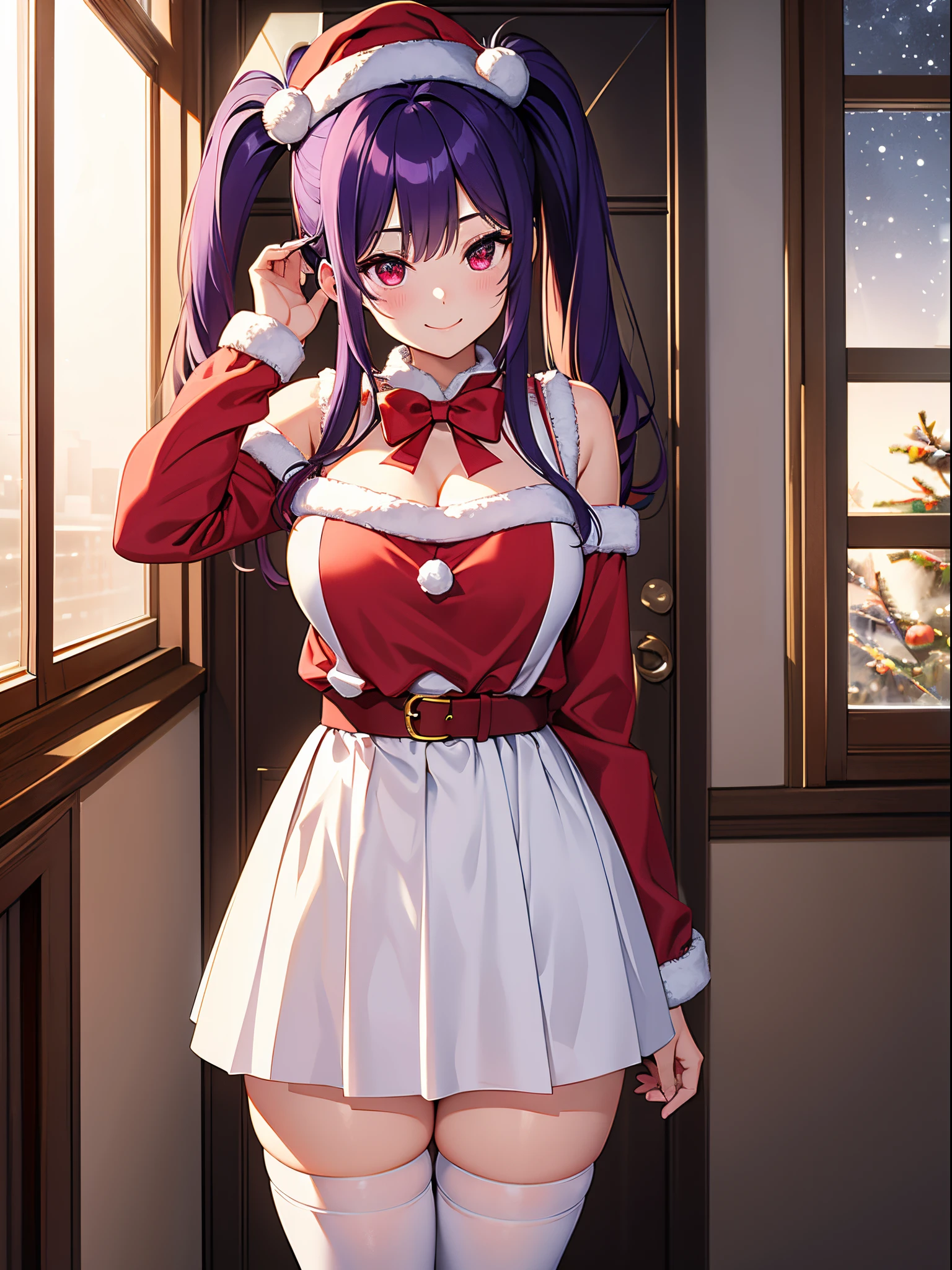 ８K、Best Quality、snowy night、room with outside view、独奏、a beauty girl、delicated face、a smile、Long pigtails、Purple hair、red eyes、Colossal tits:1.8、big butts:5.5、big breasts thin waist、Beautiful constriction、shinny skin、beauty legs、santa clothes、white knee-socks、Santa's Hat、red and white skirt、Flip the skirt、