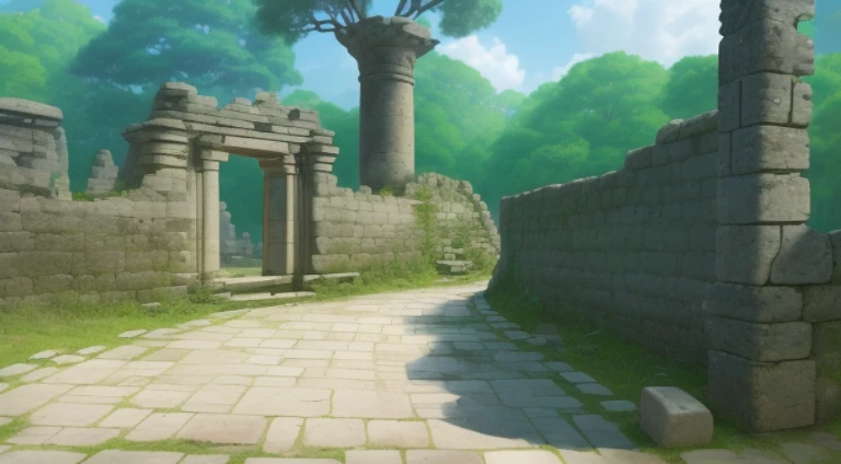 Animation scene of stone wall and path in forest, ruins in the background, ancient ruins in the background, background is the ruins, city ruins in the background, The ancient ruins behind her, ancient city streets behind her, on stone ruins, ruins in the background, ancient overgrown! 废墟, Stand in front of ancient ruins, near a stone gate