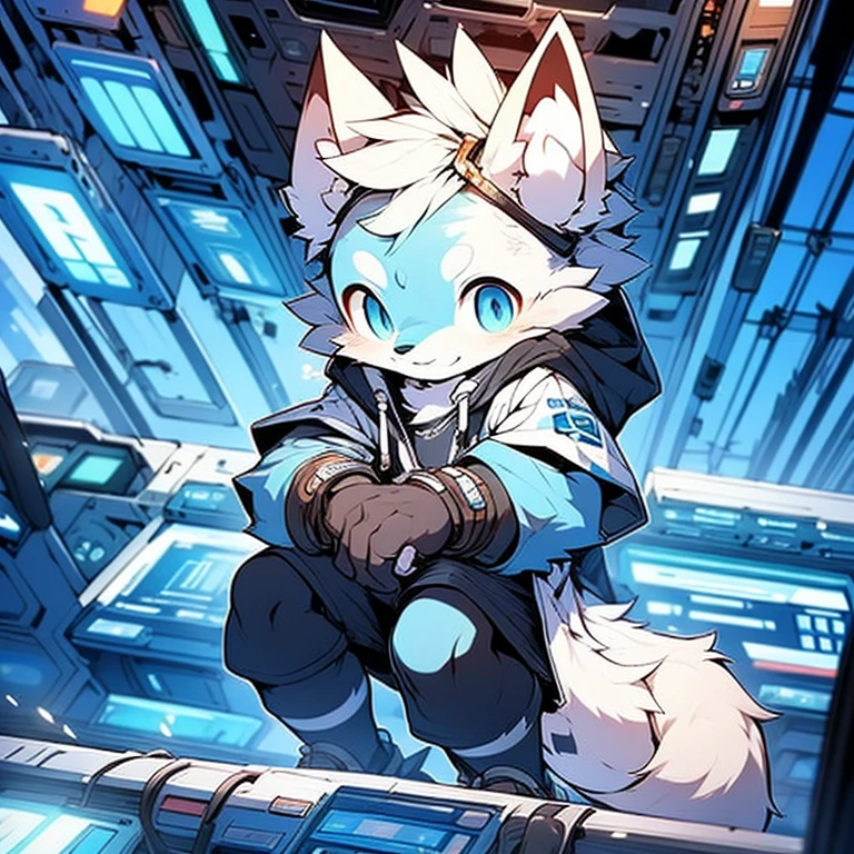schoolboy，young，独奏，White fox with blue pattern，Wearing a cyberpunk style hoodie and shorts，The eyes are bright，face to the viewer，adolable，shaggy，