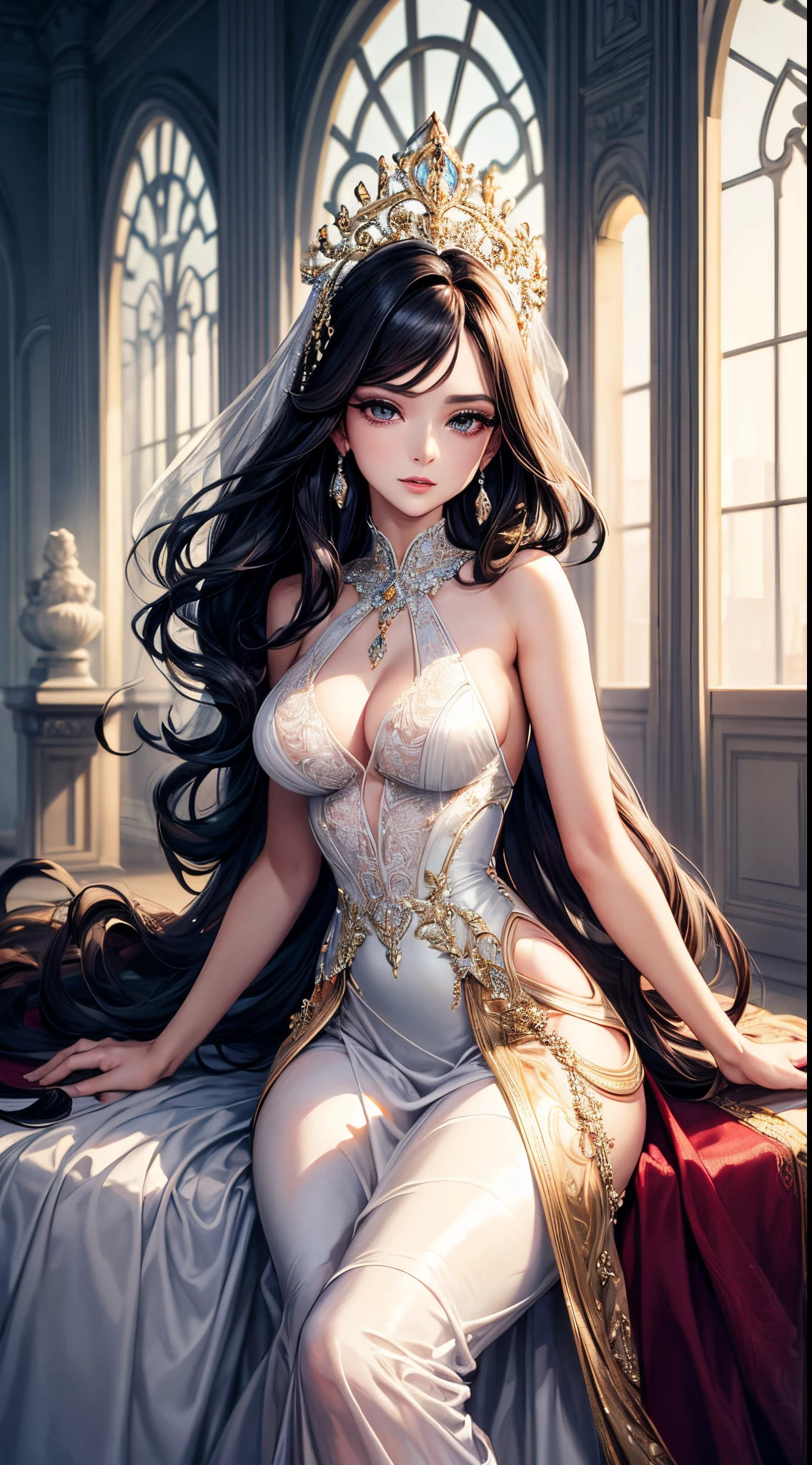 High Quality, master piece, Ravishing woman exuding elegance, adorned in a sophisticated attire that combines a flowing evening gown with intricate details, accompanied by tasteful accessories that enhance her refined allure. Her hair, styled in a timeless manner, frames her face with grace. The lighting gently highlights her features, creating an atmosphere of timeless beauty. Keywords: high detail, timeless, elegance, evening gown, refined, sophisticated, poised, alluring, graceful, chic, classic beauty, portrait, graceful pose, ethereal, radiant, fashionable, charm