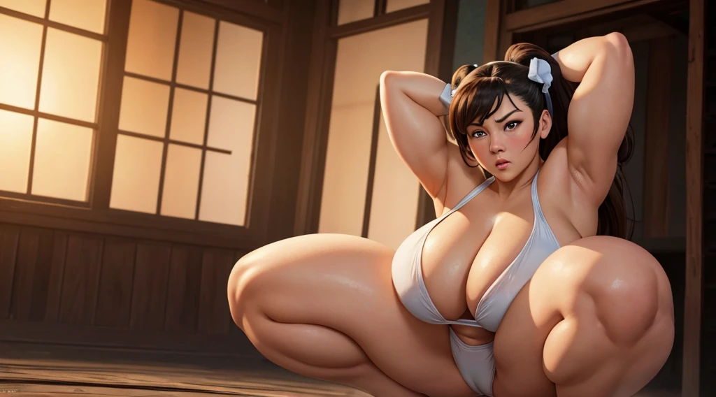 Chun_Li _alt, Squatting, chubby, Voluptuous boobs, Thick Thighs, Massive thighs, White thong, Camel Toe, Scared face, blushing, hands behind head, Inside of a haunted house