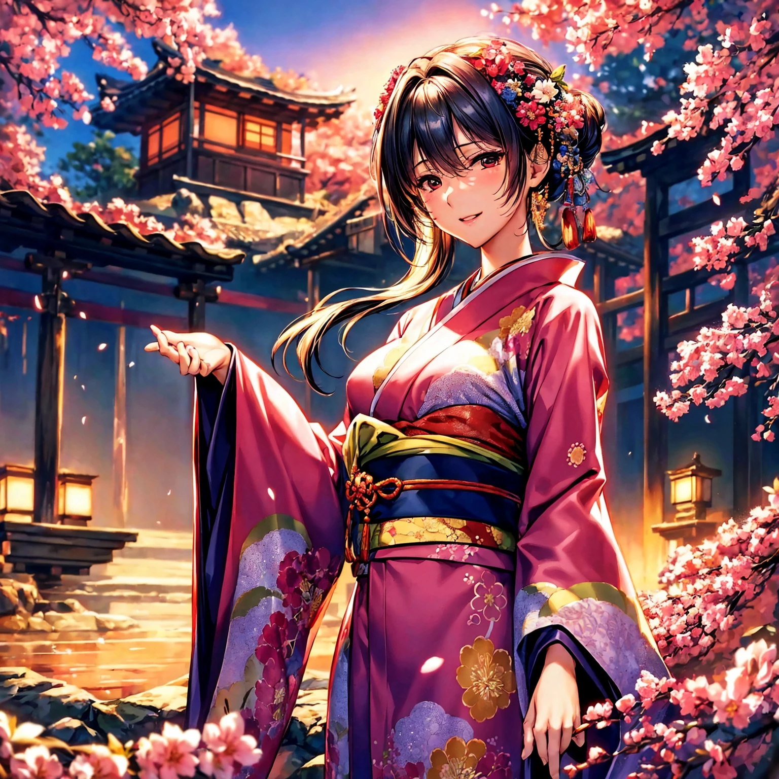(top-quality、masterpiece、very high res、超A high resolution,High resolution detail 1.5)、A woman of perfect and ultimate beauty(25 years old 1.5)、Realistic portraits、Beautiful breasts with a slender body shape(F Cup 1.5)、Beautiful body、美丽的面容、Beautiful hair、Realistic textured skin and、Wearing a beautiful Japanese kimono、Kimono has colors and patterns.、Bright smile、Hair flutters under the influence of the wind、Japanese garden with beautiful cherry blossoms at night、Mysterious night sky、Beautiful Landscapes、(accurate detail、the detailed images、Accurate images、Perfect Image 1.5)、、beautiful anime woman, Beautiful Art Style, an animated character、The whole picture、Detailed picture、accurate anatomy、Defect-free images、natural soft light、beautiful image、extremely detailed picture、(Best Shot 1.2)