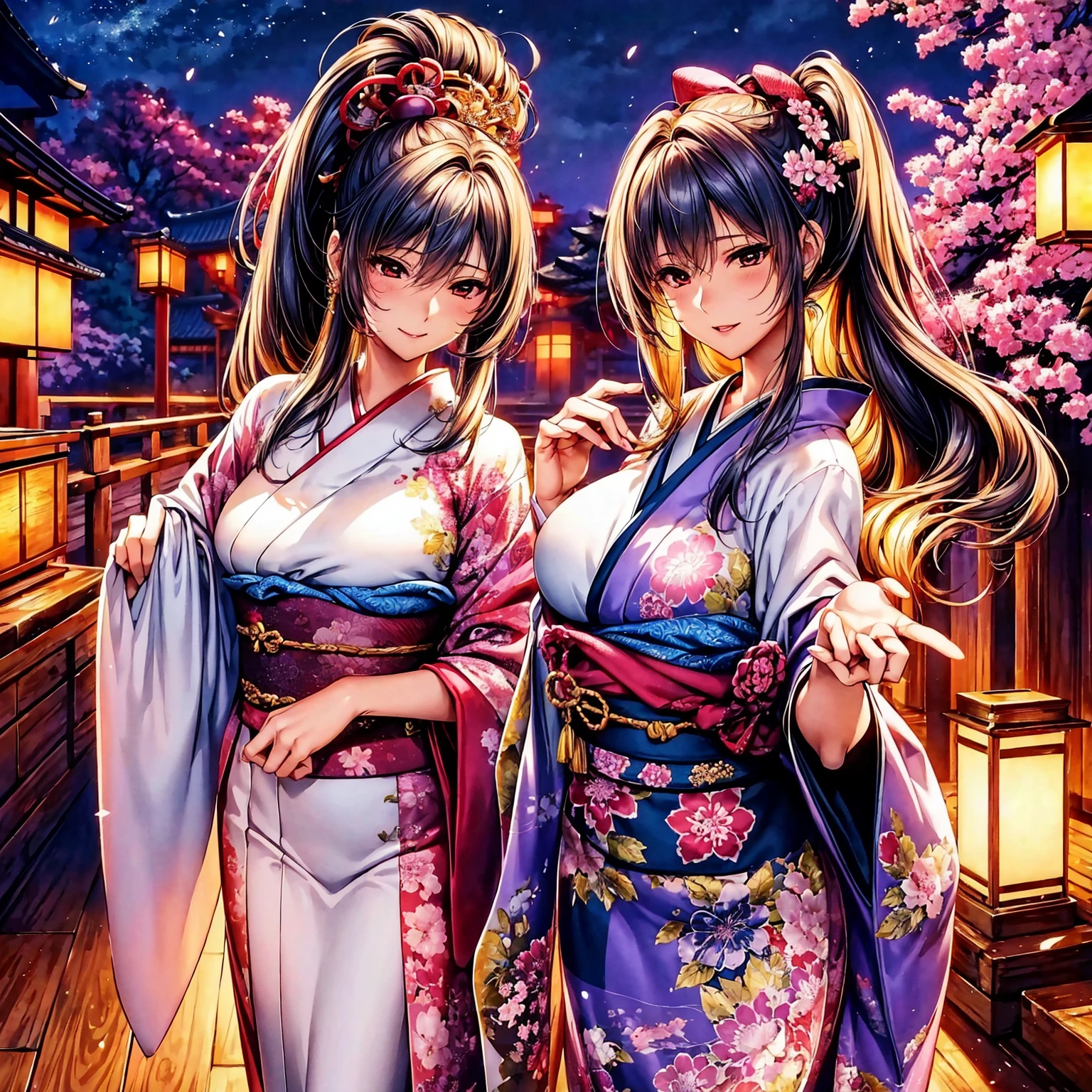 (top-quality、masterpiece、very high res、超A high resolution,High resolution detail 1.5)、A woman of perfect and ultimate beauty(25 years old 1.5)、Realistic portraits、Beautiful breasts with a slender body shape(F Cup 1.5)、Beautiful body、美丽的面容、Beautiful hair、Realistic textured skin and、Wearing a beautiful Japanese kimono、Kimono has colors and patterns.、Bright smile、Hair flutters under the influence of the wind、Japanese garden with beautiful cherry blossoms at night、Mysterious night sky、Beautiful Landscapes、(accurate detail、the detailed images、Accurate images、Perfect Image 1.5)、、beautiful anime woman, Beautiful Art Style, an animated character、The whole picture、Detailed picture、accurate anatomy、Defect-free images、natural soft light、beautiful image、extremely detailed picture、(Best Shot 1.2)