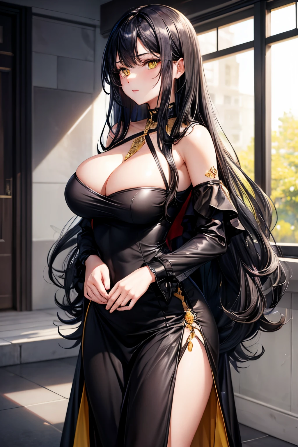 A beautiful.girl , age 18+ , black long hair , yellow eyes , big breast , wearing black dress