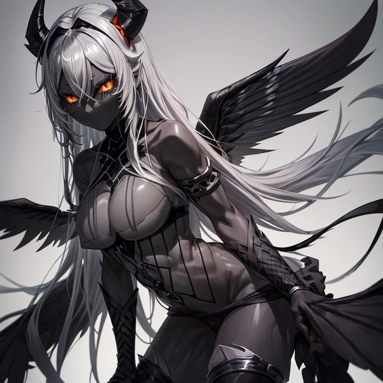 Best quality,A high resolution,A demon girl,(Gray-black skin:1.7),(a pair of long, curved horns:1.5),orange eyes,with short black hair,(Wings with black feathers),(brassier),(huge tit:1.4),(Muscular:1.2)