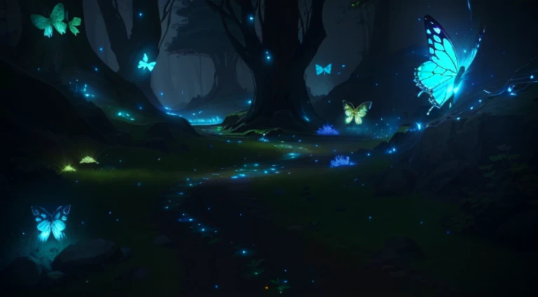 There is a path in the middle of the forest,The leaves glow, glowing crystals on the ground, glowing butterflies, cave glowing stones, Glowing Elves, Glowing spores fly, Glowing blue butterfly, glowing eyes everywhere, Crystals illuminate the scene, glowing firebugs, distant glowing figures, There are small fireflies everywhere, Magical glowing eyes, Glowing sphere, beautiful anime scenes