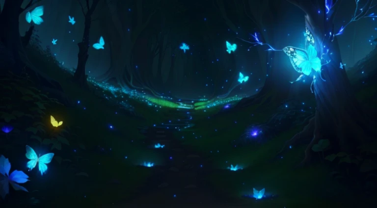 There is a path in the middle of the forest，The leaves glow, glowing crystals on the ground, glowing butterflies, cave glowing stones, Glowing Elves, Glowing spores fly, Glowing blue butterfly, glowing eyes everywhere, Crystals illuminate the scene, glowing firebugs, distant glowing figures, There are small fireflies everywhere, Magical glowing eyes, Glowing sphere, beautiful anime scenes