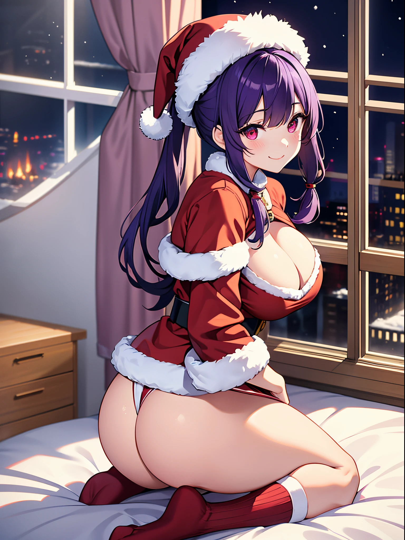 ８K、Best Quality、snowy night、room with outside view、独奏、a beauty girl、delicated face、a smile、Long pigtails、Purple hair、red eyes、Colossal tits:1.8、big butts:5.5、big breasts thin waist、Beautiful constriction、shinny skin、beauty legs、santa clothes、white knee-socks、Santa's Hat、red and white skirt、Lifting the hem of the skirt、