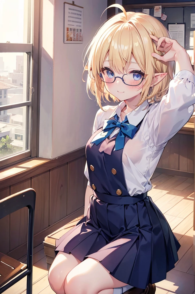 ultra detailed, best quality, high resolution, ((8k)), ((2girls)), pale skin, petite, (blonde hair), (very short hair), (long hair), (ahoge:1.3), (glasses), pointy ears, (blush:1.2), blue eyes, medium breasts, small breasts, happy smile, multiple girls, school uniform, sailor dress, curtsey, squatting, standing, cowboy shot, selfie, classroom, ((magic hour)), (watercolor:1.2)