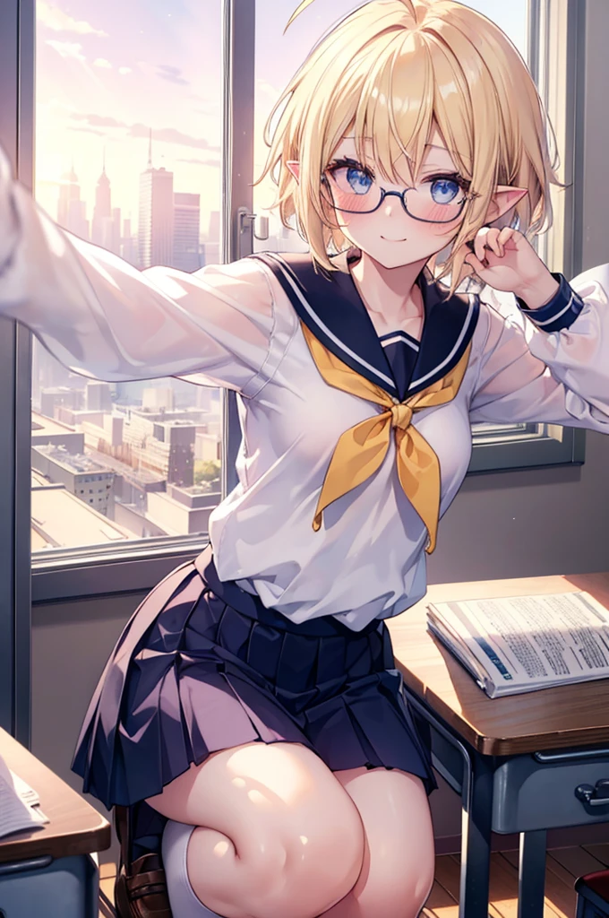 ultra detailed, best quality, high resolution, ((8k)), ((2girls)), pale skin, petite, (blonde hair), (very short hair), (long hair), (ahoge:1.3), (glasses), pointy ears, (blush:1.2), blue eyes, medium breasts, small breasts, happy smile, multiple girls, school uniform, sailor dress, curtsey, squatting, standing, cowboy shot, selfie, classroom, ((magic hour)), (watercolor:1.2)