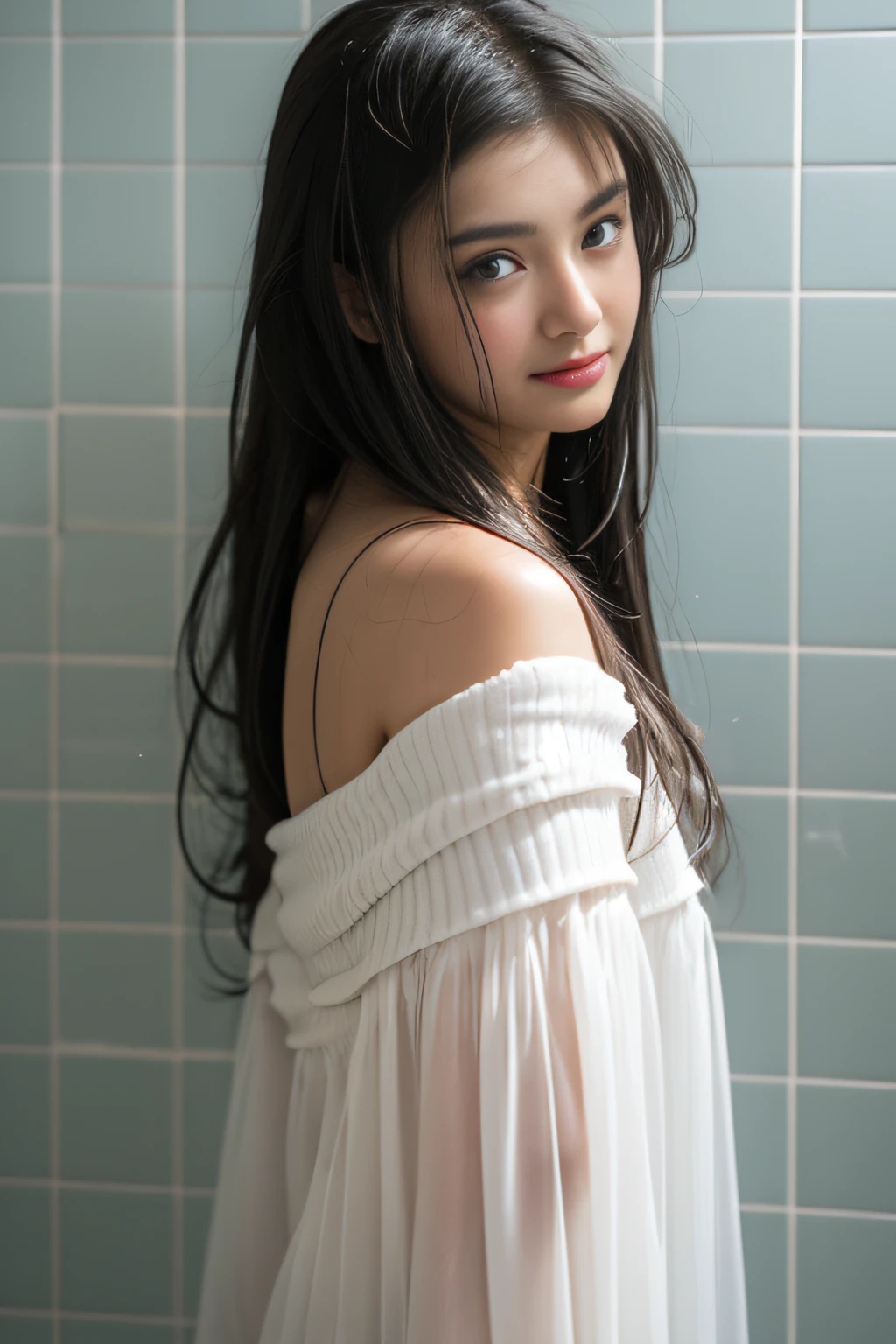sexy girl in bathroom,Wet pubic hair,Charming eyes,Heartwarming action,from the rear,Turn your face away from the camera,stooped,Bend over,turn back,Look up at your head,thick long hair,Highly detailed body,Highly detailed face,best qualtiy,(Off-shoulder white translucent blouse with open front),((erection))、