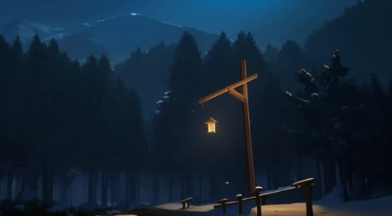 There is a wooden bench in the middle of a snowy forest, Shen Haicheng, ( ( Shinkai sincerely ) ), Shinkai sincerely. —h 2160, beautiful anime scenes, makoto shinkai movie, Makoto Shinkai's style, Subtle yet eye-catching lighting, Shinkai sincerely, beautiful cinematic light