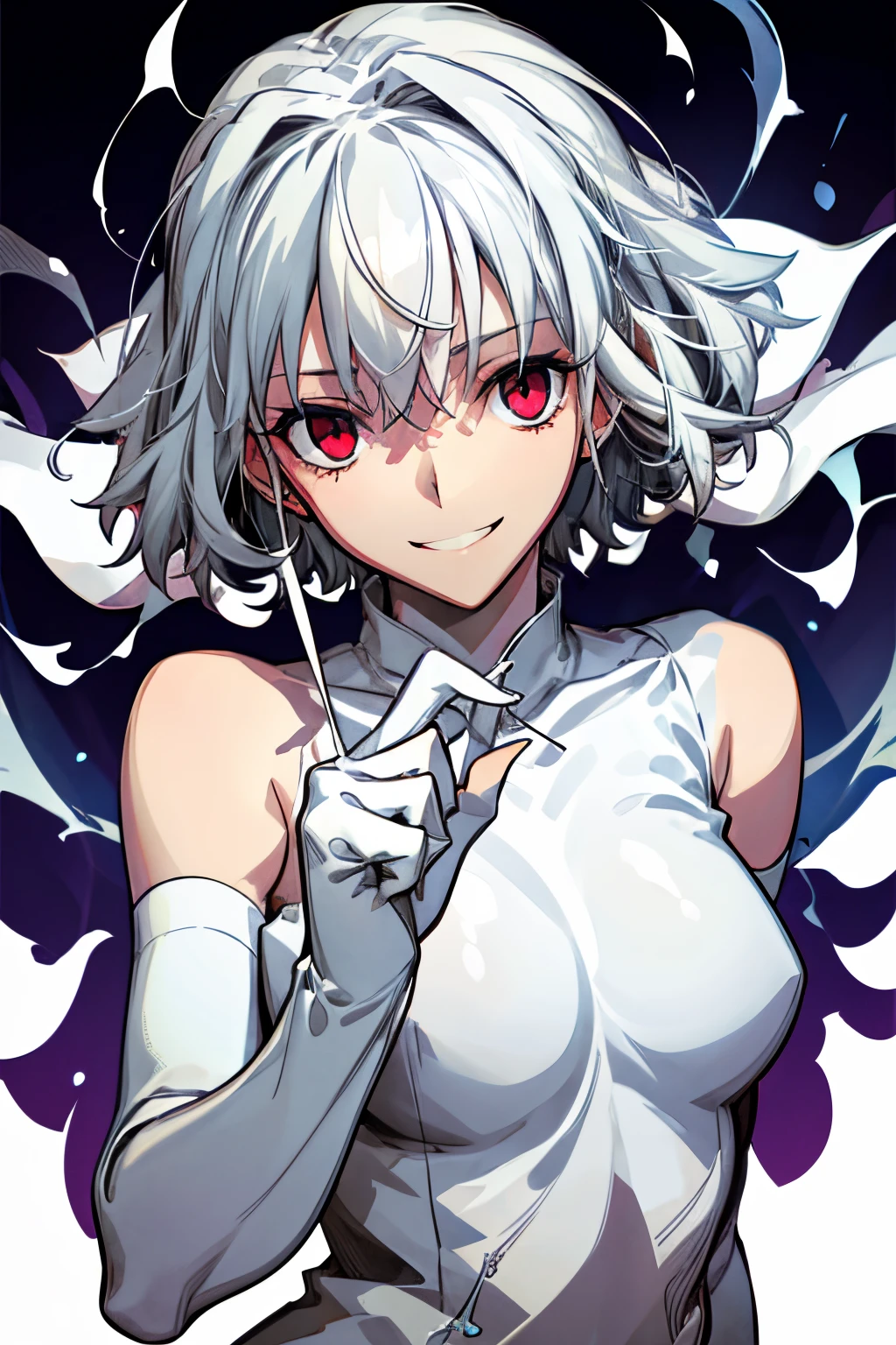 Perspectives, cute smiling,,Strange perspective, whitesweater，mediuml breasts, Separate collar，exposed bare shoulders, face flushed，(White hair), whitegloves，the bride，wedding gown，[[Slender fingers and hands：0.55]：：0.85]，（detail finger），mitts