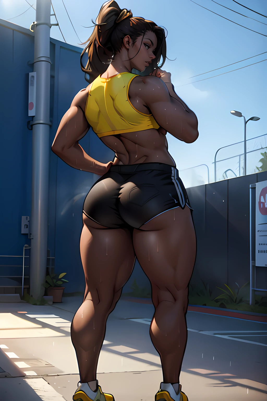 masterpiece, 1girl, full body

(((dark skin))), tall, muscular, toned body, ((athletic physique)), brown eyes, full lips, medium breasts, (((nagatiti))), (thick thighs), wide hips, long flowing hair, tight track bra, tight track shorts, ((arched back)), track field background, depth of field blurred background, sweaty and wet, water droplets glistening on her skin, studio lighting emphasizing the girl's athletic physique