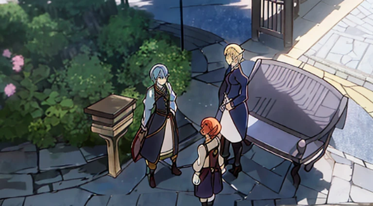 Cartoon characters standing around benches on brick sidewalk, Today’s recommended anime is still, Violet Evergarden, in the anime film, Screenshot of the animated movie, fire emblem three houses, Still from anime, Screenshot of black clover, the last exile anime, anime scene, Still from TV animation, Popular isekai anime, anime movie screenshot