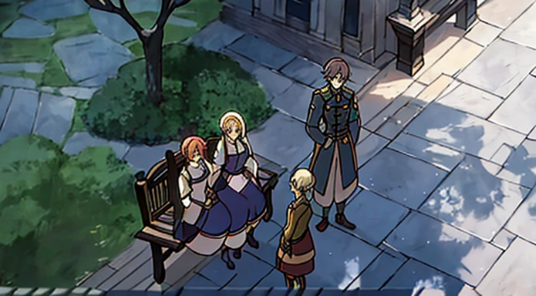Cartoon characters standing around benches on brick sidewalk, Today’s recommended anime is still, Violet Evergarden, in the anime film, Screenshot of the animated movie, fire emblem three houses, Still from anime, Screenshot of black clover, the last exile anime, anime scene, Still from TV animation, Popular isekai anime, anime movie screenshot