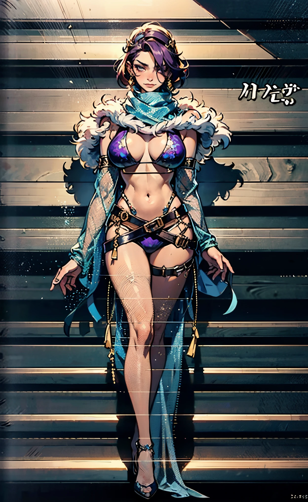 A beautiful woman, short purple hair, long bangs covering her left eye, a headband on her forehead, an exquisite and charming face, a mysterious gaze, a faint smile, draped over her shoulders is a thick fur scarf connected to sleeves made of the same fur, a fantasy-style bikini outfit, showcases her delicate and alluring figure, a fur belt around her waist, the background features a cracked giant stone in the wilderness emitting an eerie glow, this character embodies a finely crafted fantasy-style female villain in anime style, exquisite and mature manga art style, perfect body, perfect nose, goddess, femminine, high definition, best quality, highres, ultra-detailed, ultra-fine painting, extremely delicate, professional, anatomically correct, symmetrical face, extremely detailed eyes and face, high quality eyes, creativity, RAW photo, UHD, 8k, Natural light, cinematic lighting, masterpiece-anatomy-perfect, masterpiece:1.5