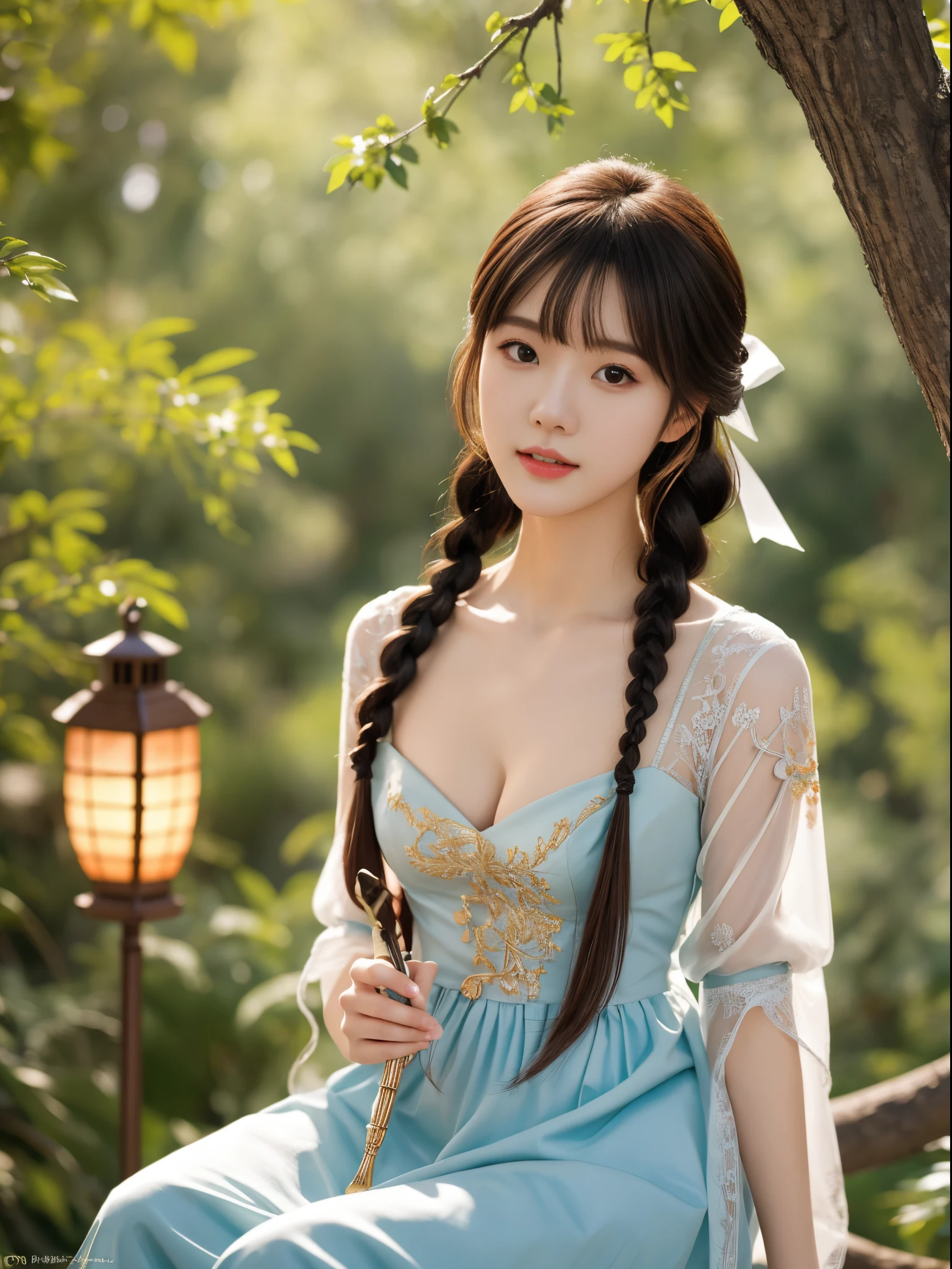 award winning photography,Vivid colors,color full,offcial art,8K ,super detail,Wallpapers,realisticstyle, textured skin, Anatomically correct ,Award-Awarded,Masterpiece,Best quality,1 anime girl,19yo,solo,Beautiful detailed face,bow hair ornament,Close-up ,sitting on a tree branch with a lantern in her hand, braided bangs,(detailed gauze cleavage dress),gauze sleeve,lolita_fashion,clear skin,by Yang J, rossdraws sakimimichan, full body xianxia, fantasy art style, rossdraws digital painting, rossdraws 2. 5, style artgerm, by Li Song, style of artgerm, rossdraws 1. 0, extremely detailed artgerm,fluorescent light,