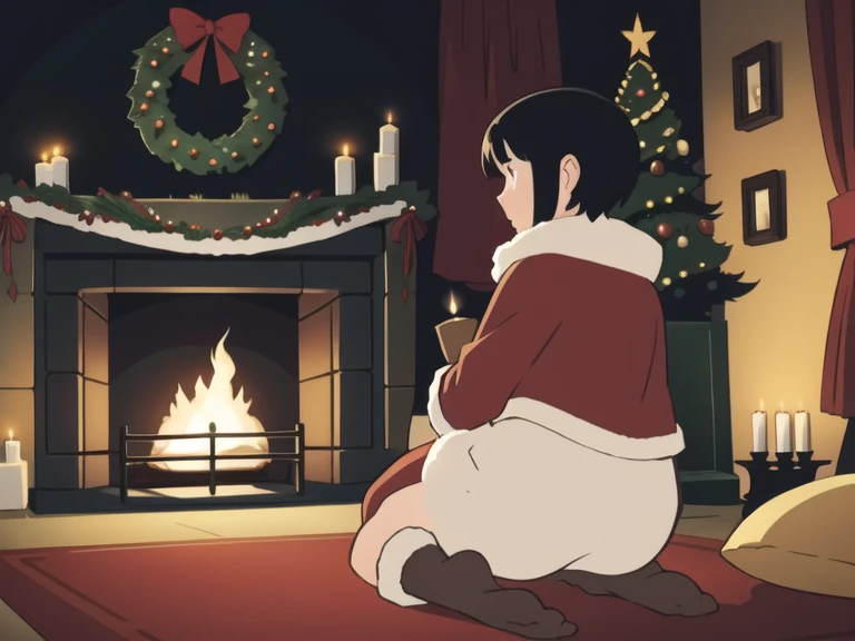 superflat, flat shading, flat colors, masterpiece, best quality,, 1girl, , lolipetitelat chest, sitting in chair, reading book, white bra, white panties, christmas tree in background, room, warm, cozy, fireplace, evening, dark, christmas lights, vibrant colors, watercolor, ghibli style