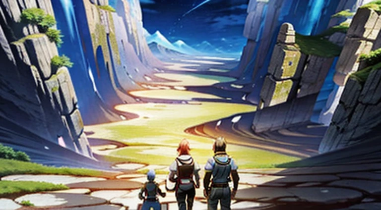 Cartoon character crossing narrow canyon，The background is a mountain, Today’s recommended anime is still, Ruins Explorer at Dusk, key art, Key points, Anime background main vision, offcial art, Official animation stills, adventuring party, anime key visual concept art of, Popular isekai anime, anime key visual concept, official studio anime still, Anime main visual