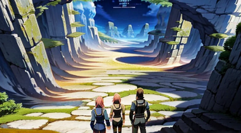 Cartoon character crossing narrow canyon，The background is a mountain, Today’s recommended anime is still, Ruins Explorer at Dusk, key art, Key points, Anime background main vision, offcial art, Official animation stills, adventuring party, anime key visual concept art of, Popular isekai anime, anime key visual concept, official studio anime still, Anime main visual