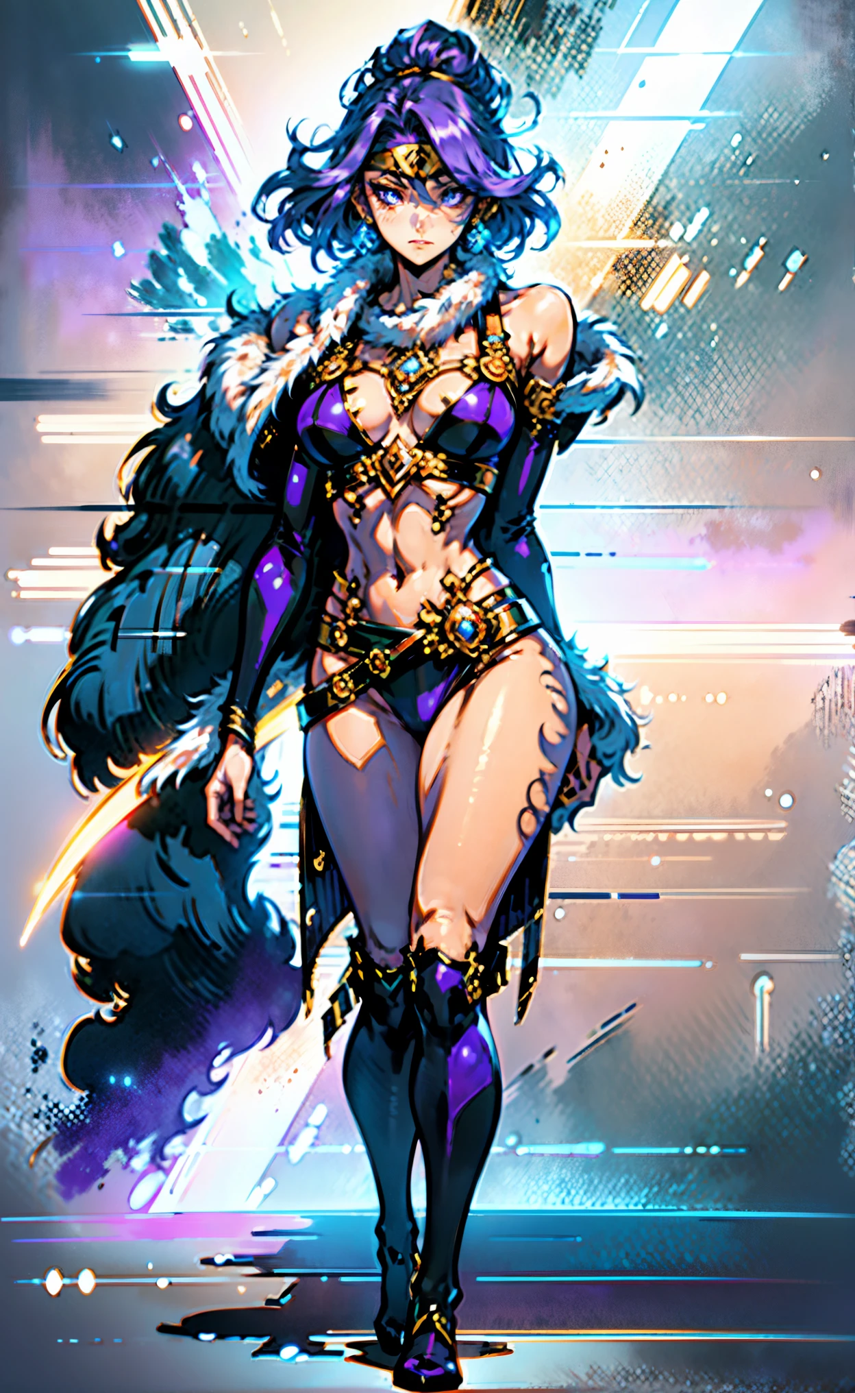 A beautiful woman, short purple hair, long bangs covering her left eye, a headband on her forehead, an exquisite and charming face, a mysterious gaze, a faint smile, draped over her shoulders is a thick fur scarf connected to sleeves made of the same fur, a fantasy-style bikini outfit, showcases her delicate and alluring figure, a fur belt around her waist, the background features a cracked giant stone in the wilderness emitting an eerie glow, this character embodies a finely crafted fantasy-style female villain in anime style, exquisite and mature manga art style, perfect body, perfect nose, goddess, femminine, high definition, best quality, highres, ultra-detailed, ultra-fine painting, extremely delicate, professional, anatomically correct, symmetrical face, extremely detailed eyes and face, high quality eyes, creativity, RAW photo, UHD, 8k, Natural light, cinematic lighting, masterpiece-anatomy-perfect, masterpiece:1.5