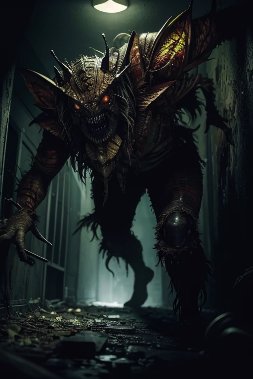 orror art, dread, Best quality, masterpiece, ultra high res, (photorealistic:1.4), Action shot of a terrifying Mutant Moth Man in a decrepit underground creepy, unnerving, unsettling, terrifying, 80mm, horror lighting, dynamic action Nightmare