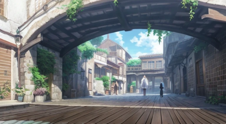 There is a photo of the courtyard，Wooden floors, Anime landscape concept art, beautiful anime scenes, Anime landscapes, Small town background, anime scene, Anime background art, attack on titan scenery, beautiful anime scenery, Today’s recommended anime is still, Anime background main vision, town in background, ancient city streets behind her, Downtown background
