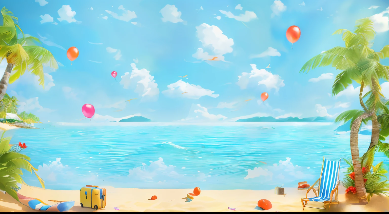 summer beaches、Red flowers、beach chair、Suitcase and palm tree, blue lifebuoy，coloredballoons，toys、seagulls、island background, tropical beach paradise, tropical background, breezy background, tropical ocean, Tropical paradise, beatiful background, tropical island, anime backgrounds, seaside backgroud, tropical mood, sea beach background, ornate backdrop, wonderful sea view, amazing background, beatiful background, Anime background art, Tropical beaches，tmasterpiece，the detail，trends in art station，beautiful light up，realistically，iintricate，Award-Awarded，4K，Best quality