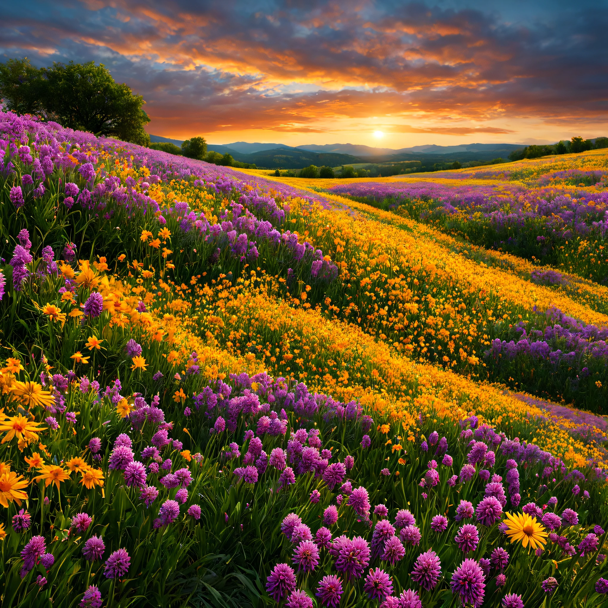 (master part), best quality. paisagem deslumbrante com um vasto campo de flores silvestres coloridas, cercado por uma colina ao fundo. the sky is filled with fine threads, yellow sunset clouds, adding a touch of serenity to the scene. celestial aesthetic colorful scenic environment. clear natural features, natural lighting, foco nítido, global ilumination, Motor irreal, intrincado, incrivelmente detalhado, hiper-realista, UHD, HDR, 32k