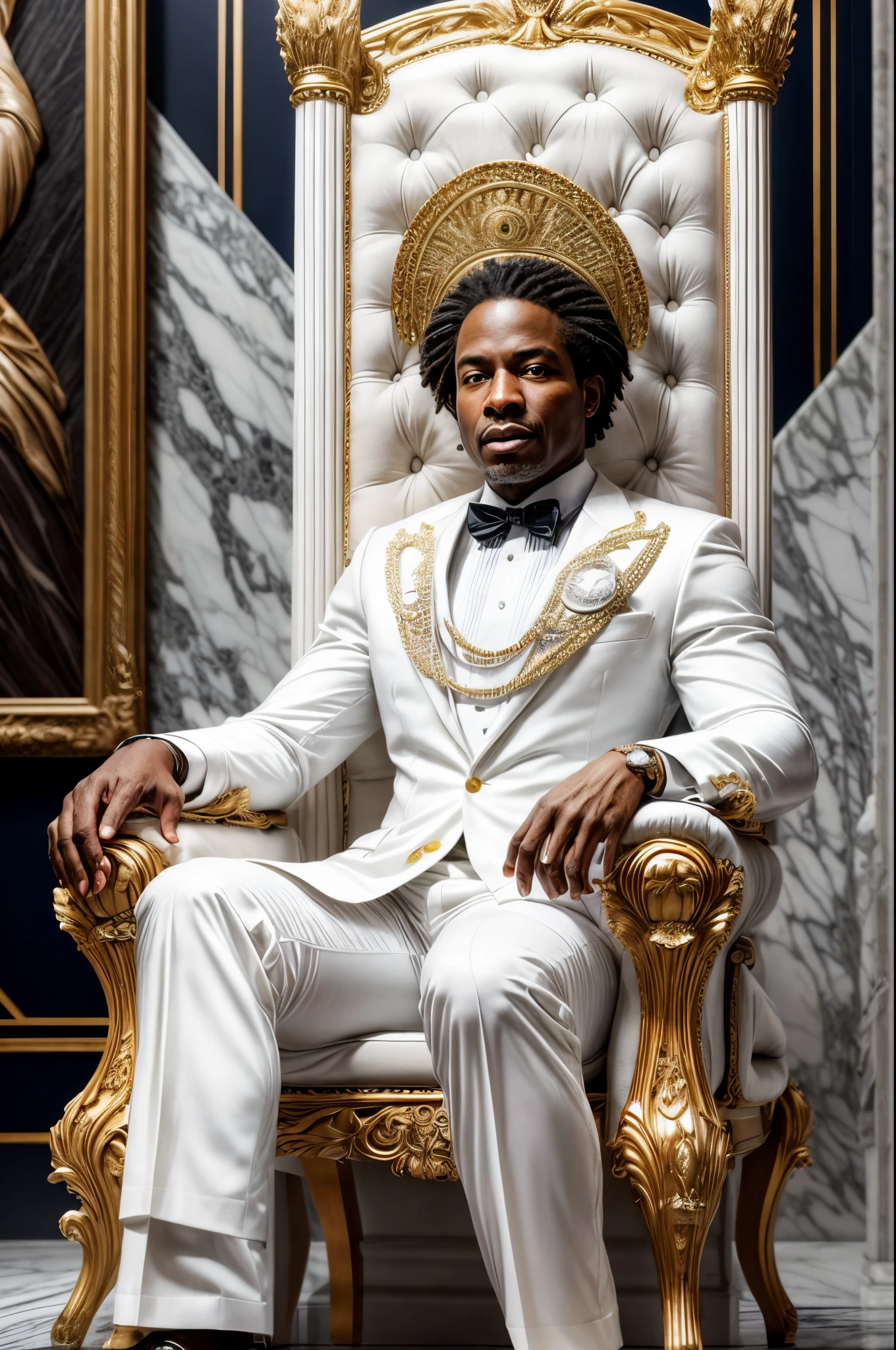 An African American billionaire in a white suit sitting on a marble white throne, intricate detail, chair centered, expensive paintings and sculptures on either side of his throne