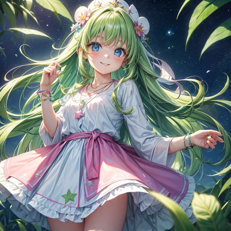 A girl with pink and long hair, blue eye, smile face, wearing light green with white short frog, wearing a little green star necklace, looking at viewer