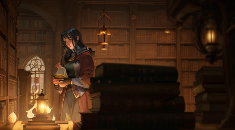 Animation scene of a woman holding books and lantern in library, library background, alchemist library background, Background with = libraryai, dusty library, standing inside a magic library, gloomy library, library interior background, Magic Library, in a gloomy library, the librarian, dark library, Ancient Library, Anime background art, an eternal library, Castle Library