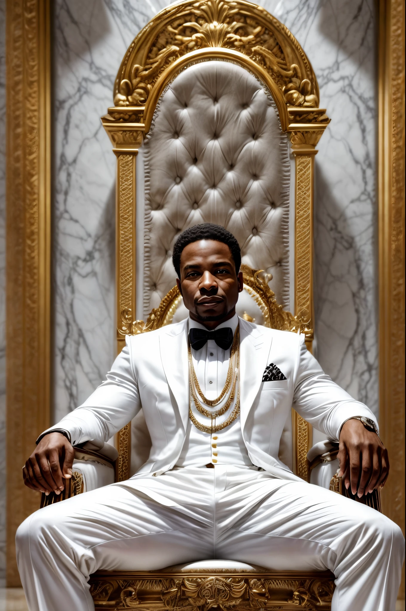 An African American billionaire in a white suit sitting on a marble white throne, intricate detail, chair centered, expensive paintings and sculptures on either side of his throne