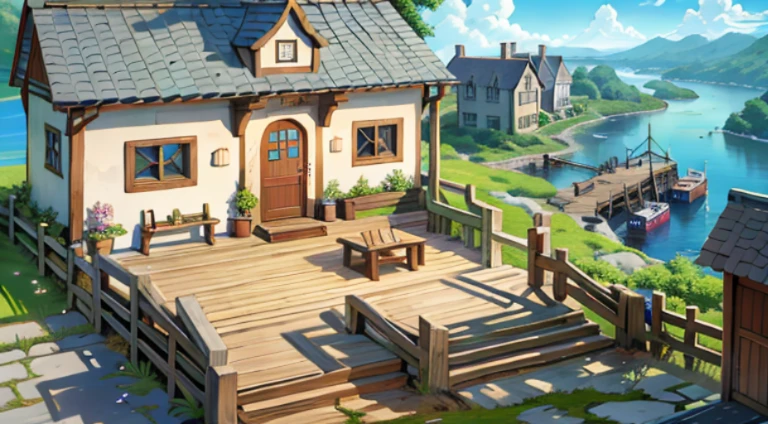 There is a small house on an island，There is a bridge, a multidimensional cozy tavern, Rune Factory 5 art style, rune factory 5, anime scene, tavern background, Anime landscape concept art, anime yulu camp, Epic spacious courtyard, Downtown background, off-world, yuruying, Today’s recommended anime is still