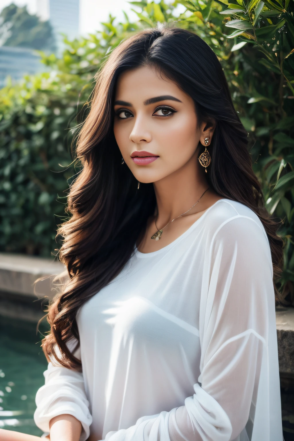 Portrait of A confident-looking 21 year old indian girl from with long flowing hair, hazel eyes, without flowing capes, front facing, normal tshirt, sitting in grass, water background, bokeh, perfect composition, hyperrealistic, super detailed, 8k, high quality, trending art, trending on artstation, sharp focus, studio photo, intricate details, highly detailed, art by greg rutkowski